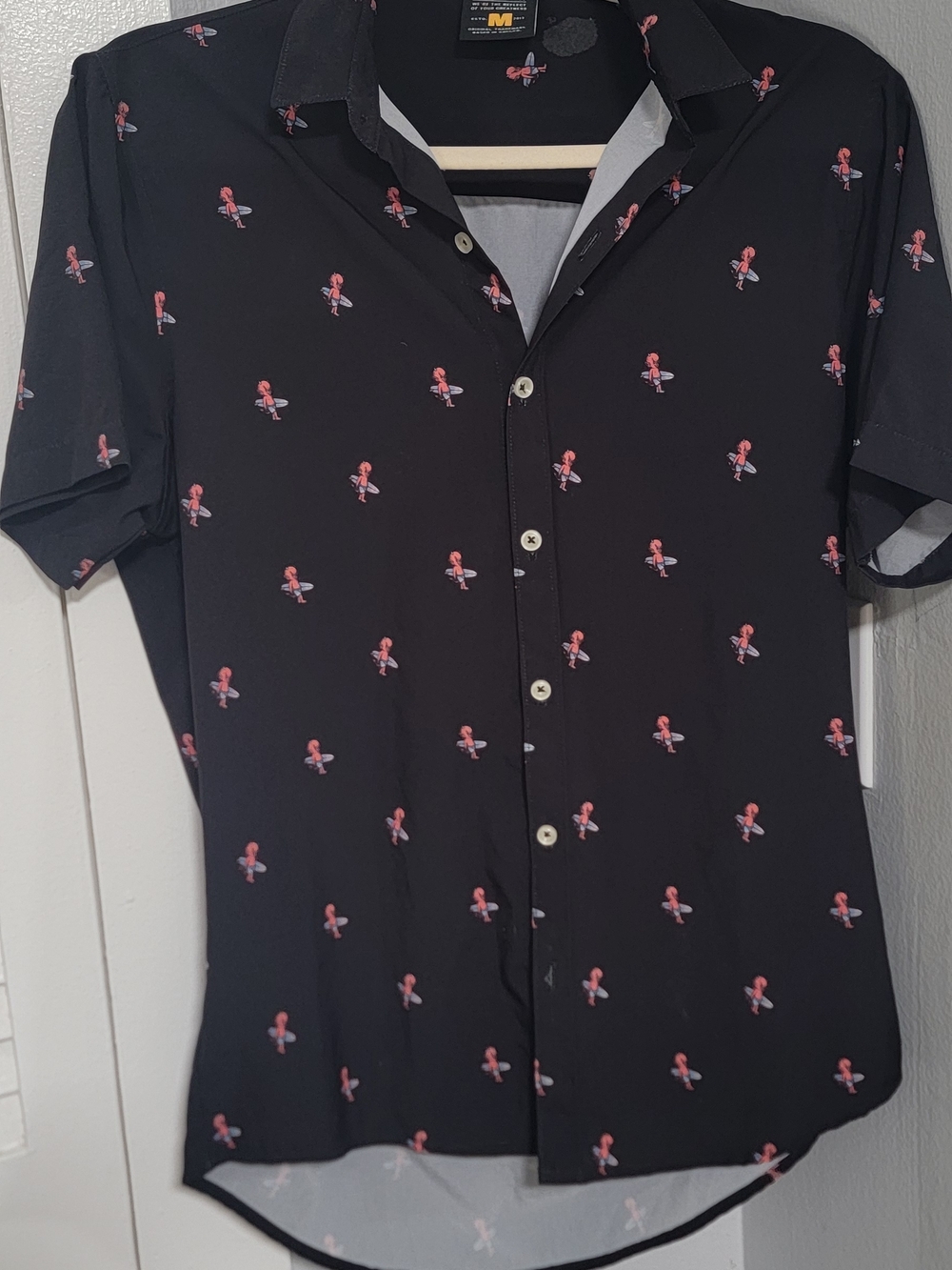 Black Short-Sleeve Button-Up Shirt with Pink Surfing Motif